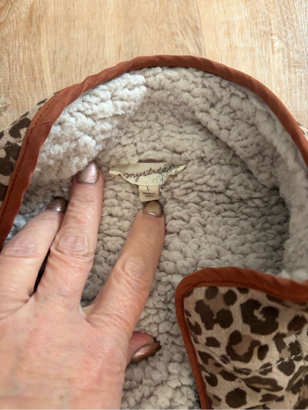 Mystree Cream Sherpa Jacket with Brown Leopard Trim and Rust Piping